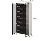 Tall display cabinet with glass doors and shelf layout, height and width shown