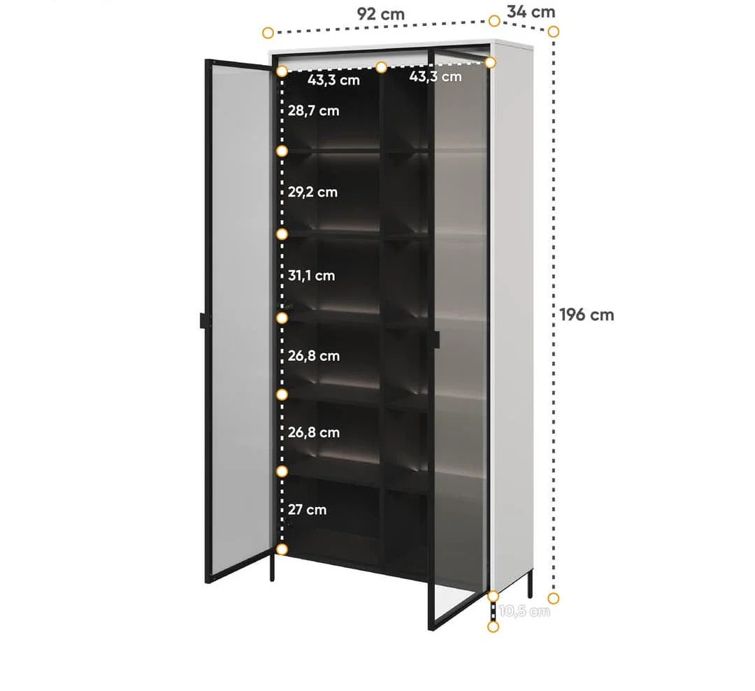 Tall display cabinet with glass doors and shelf layout, height and width shown