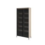Tall display cabinet with two glass doors and black interior shelves, white frame