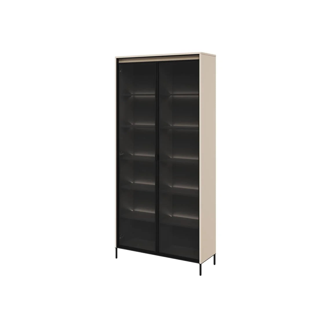 Tall display cabinet with two glass doors and black interior shelves, white frame