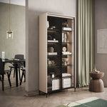 Tall display cabinet with glass doors and black interior shelves, light gray frame