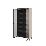 Tall display cabinet with open glass doors and black interior shelves, light beige frame