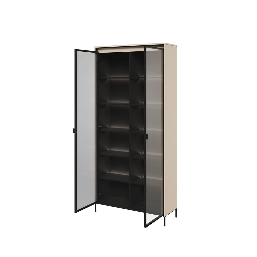 Tall display cabinet with open glass doors and black interior shelves, light beige frame
