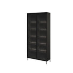 Tall display cabinet with two glass doors and black interior shelves, black frame