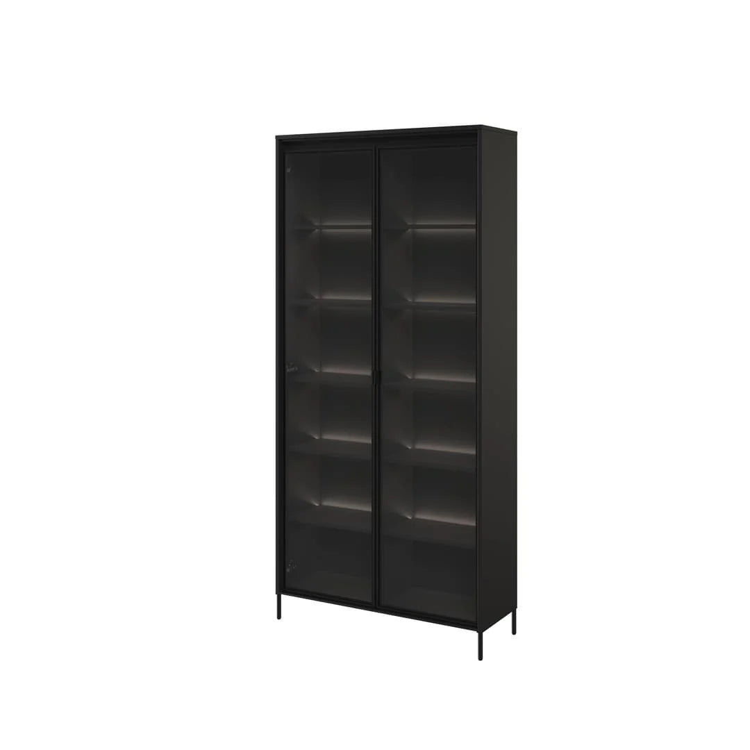 Tall display cabinet with two glass doors and black interior shelves, black frame