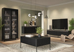 Two-door sideboard with vertical ribbed fronts, dark top, black legs and frame.
