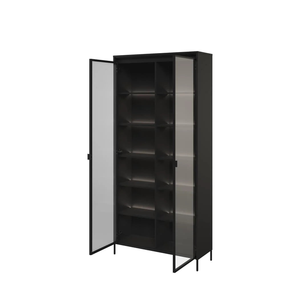 Tall display cabinet with open glass doors and black interior shelves, dark gray frame
