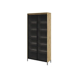 Tall display cabinet with two glass doors and black interior shelves, artisan oak frame