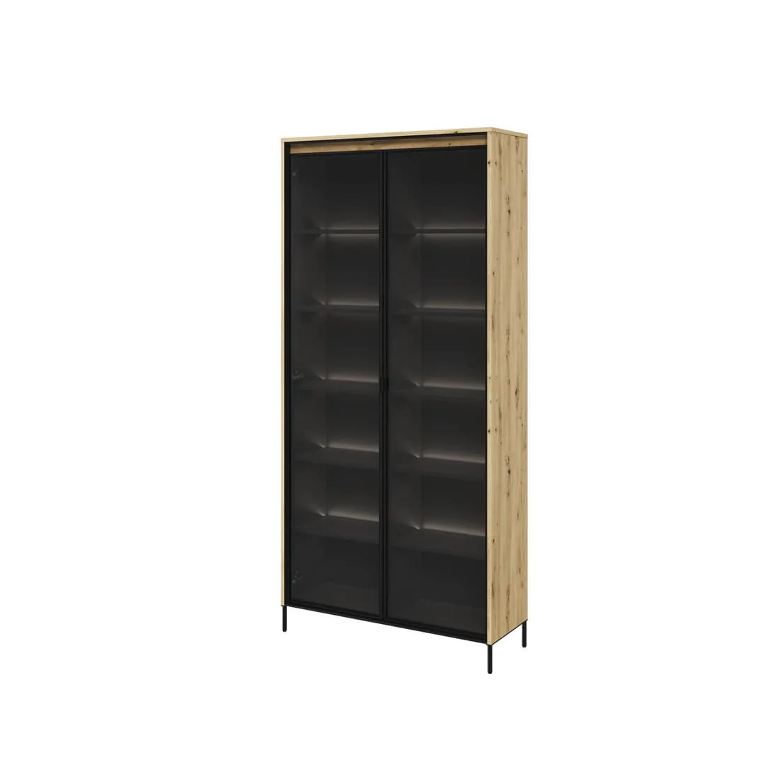 Tall display cabinet with two glass doors and black interior shelves, artisan oak frame