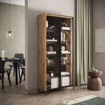 Tall display cabinet with glass doors, rustic wood frame, black interior shelves