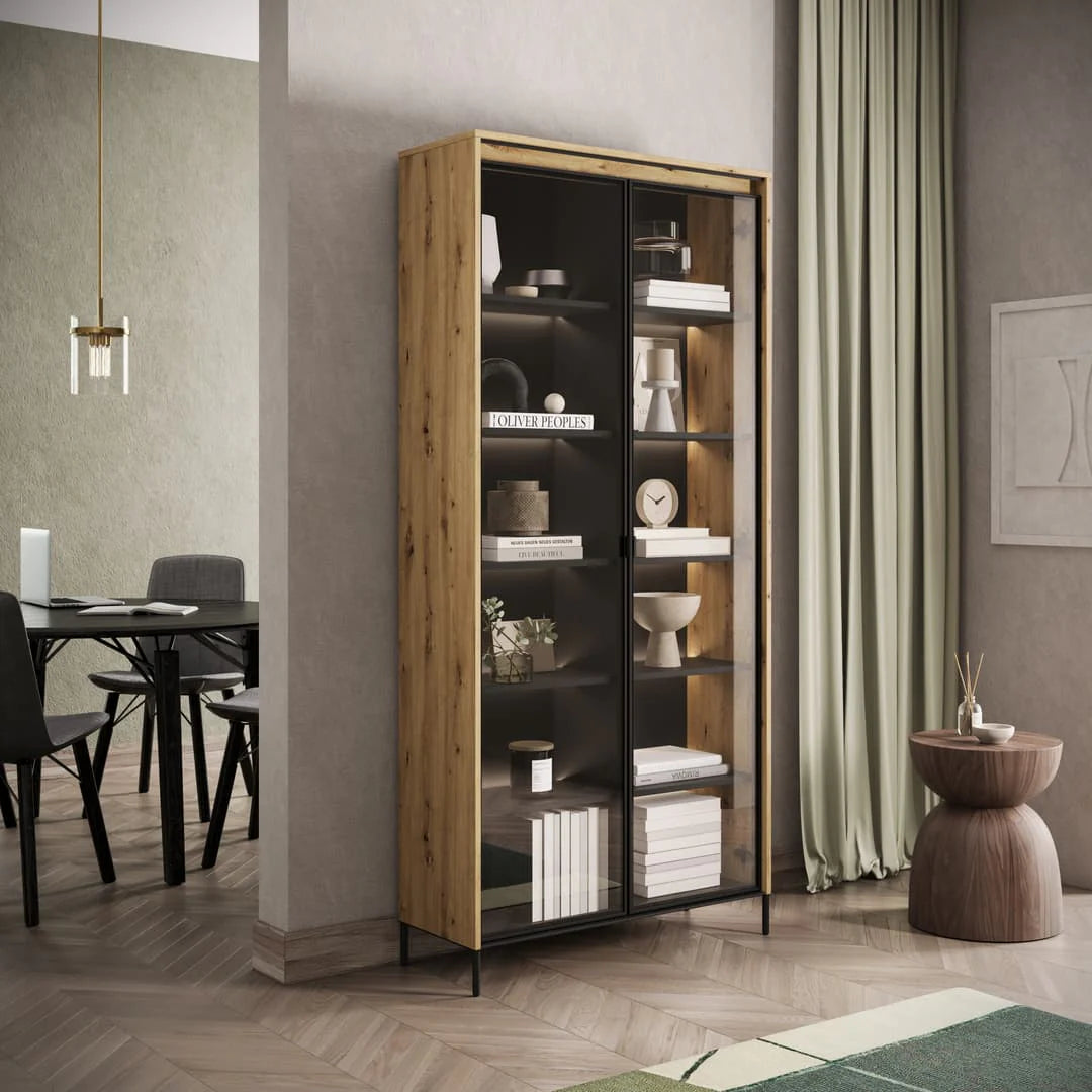 Tall display cabinet with glass doors, rustic wood frame, black interior shelves