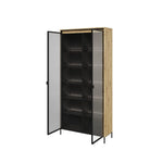 Tall display cabinet, open doors with wood sides and black glass shelves