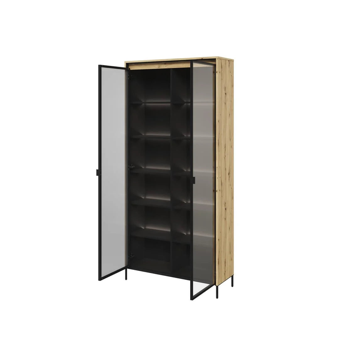 Tall display cabinet, open doors with wood sides and black glass shelves