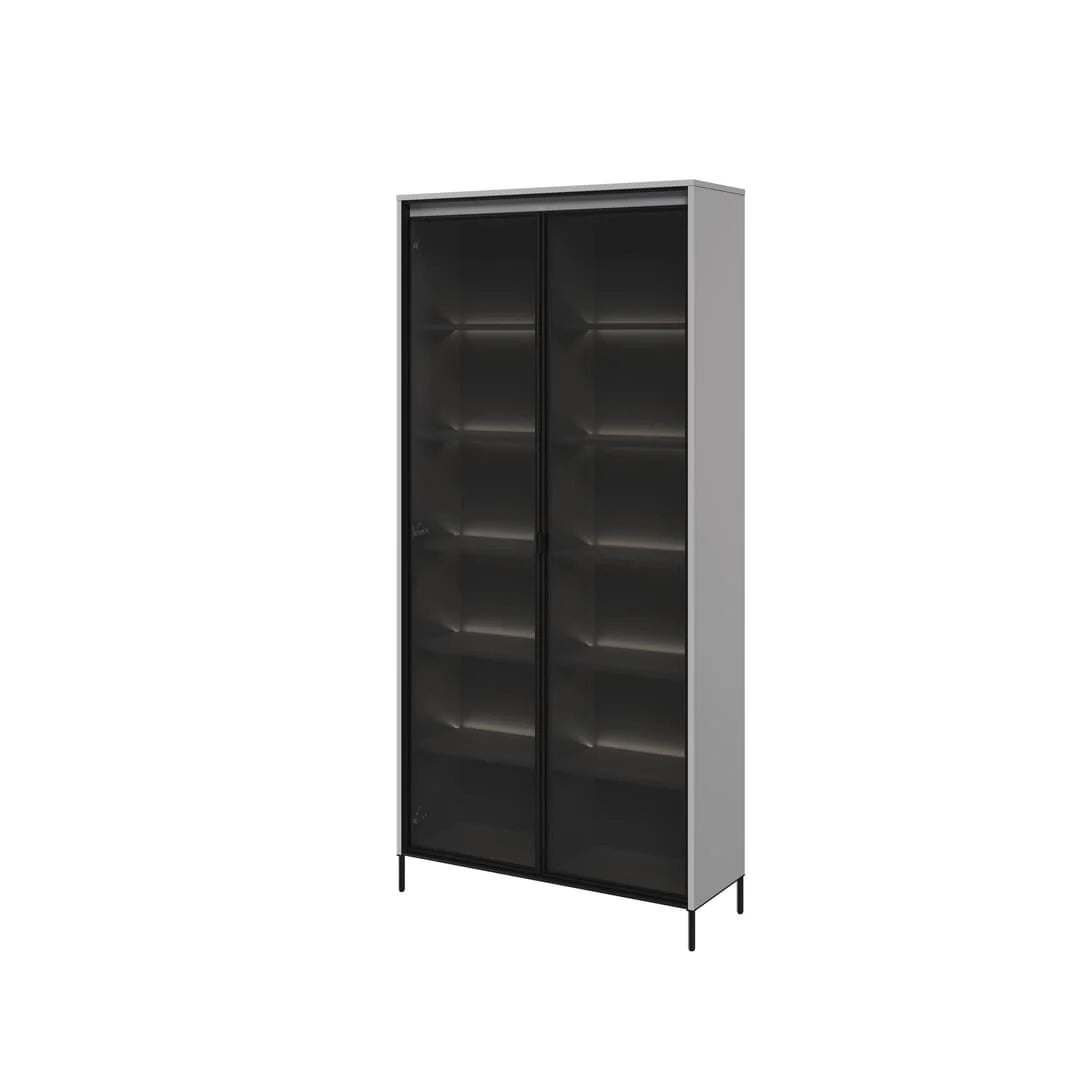 Tall display cabinet with two glass doors and black interior shelves, dark frame