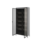 Tall display cabinet, open doors with grey frame and black glass interior shelves