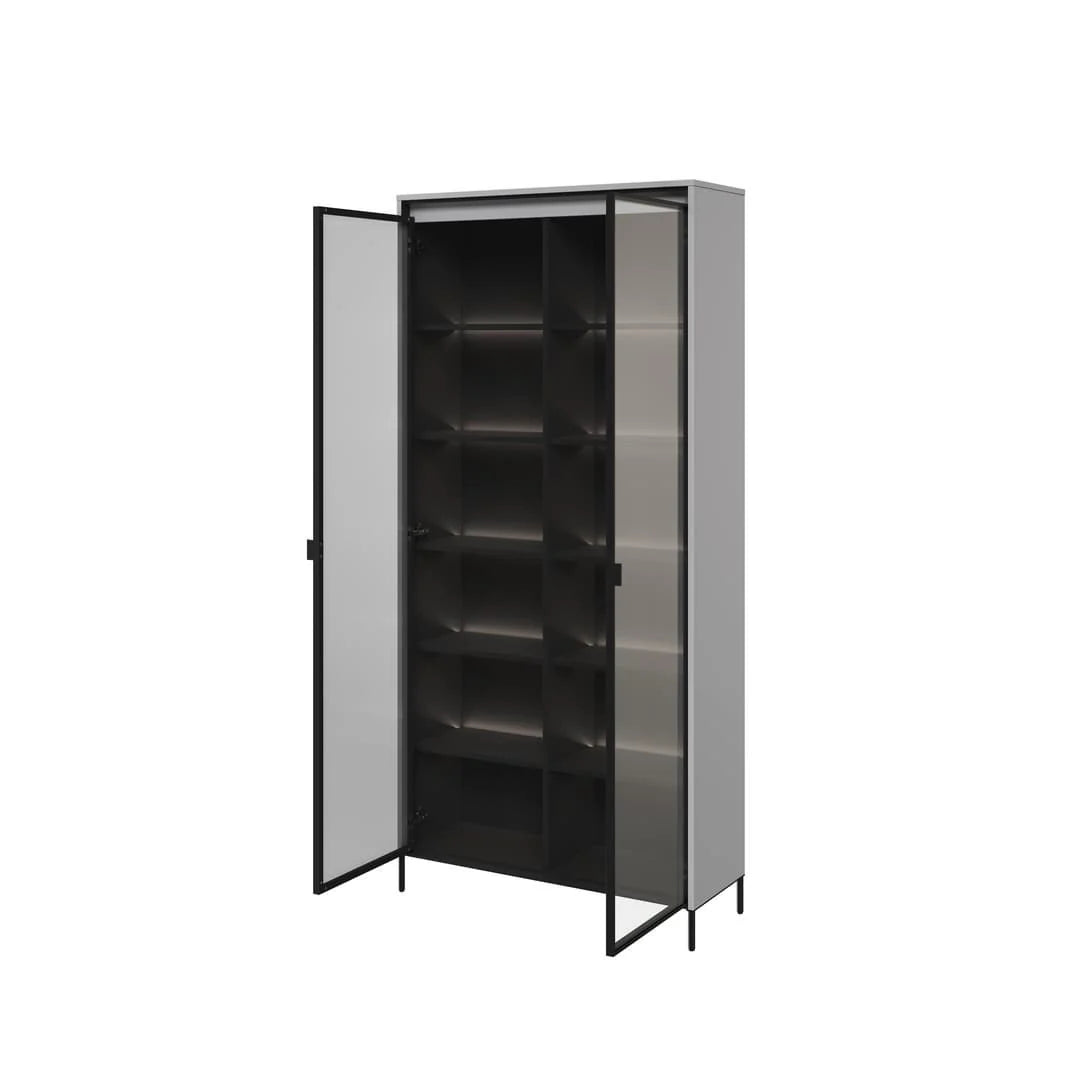Tall display cabinet, open doors with grey frame and black glass interior shelves