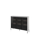 White display cabinet with three tinted glass doors and slim metal legs