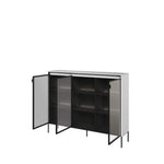 Grey display cabinet with open hinged glass doors and interior shelves