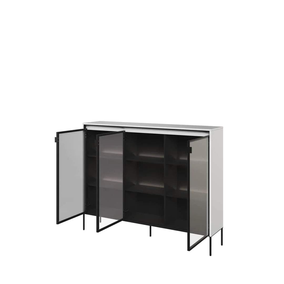 Grey display cabinet with open hinged glass doors and interior shelves