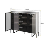 Black display cabinet with open glass doors and interior shelves, size diagram