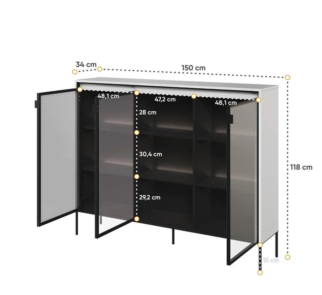 Black display cabinet with open glass doors and interior shelves, size diagram