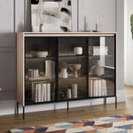 Beige display cabinet with double glass doors and interior shelves, on thin legs