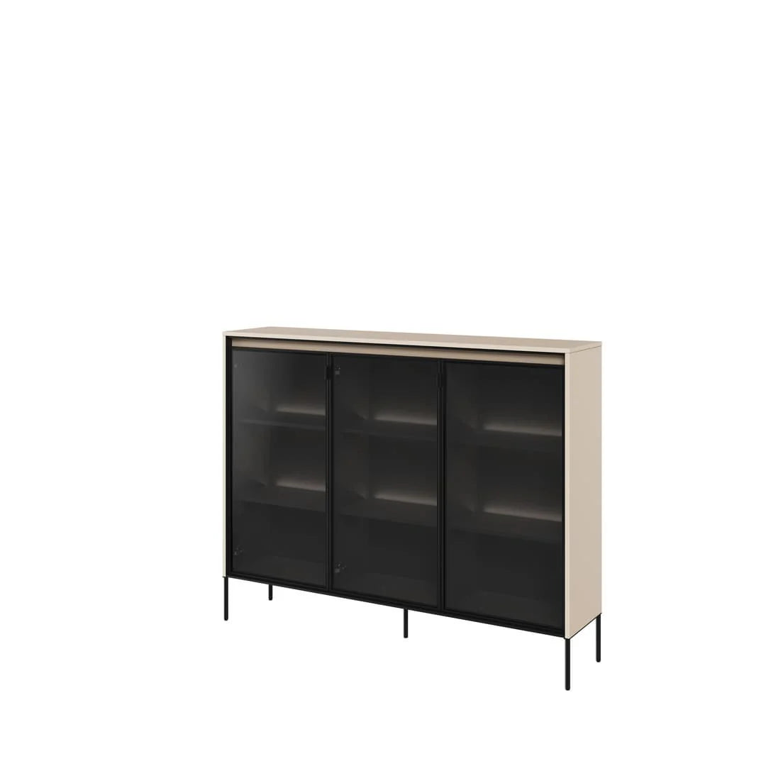 Beige display cabinet with three tinted glass doors and metal legs