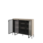 Light grey display cabinet with hinged glass doors open to reveal interior shelving