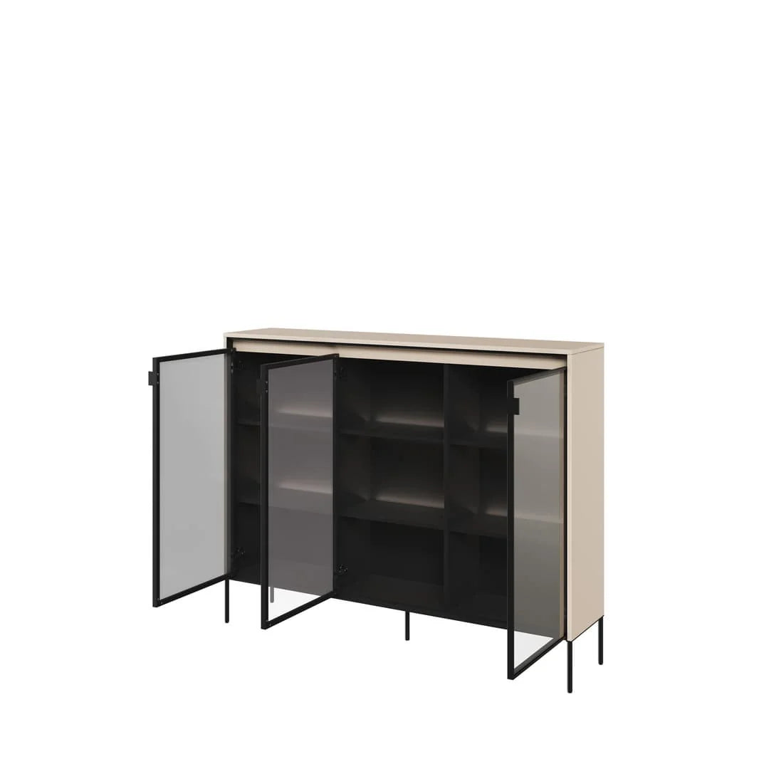 Light grey display cabinet with hinged glass doors open to reveal interior shelving