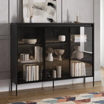 Black display cabinet with two glass doors and multiple interior shelves, on slim feet