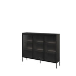 Black display cabinet with three tinted glass doors and slim metal legs