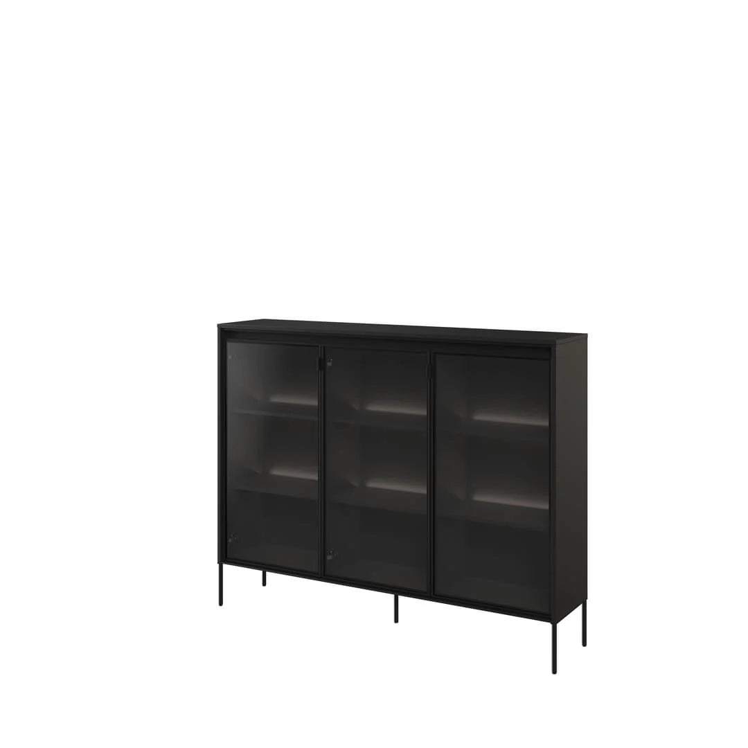 Black display cabinet with three tinted glass doors and slim metal legs