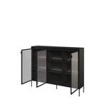 Black display cabinet with hinged double doors and open shelving, standing on slim legs