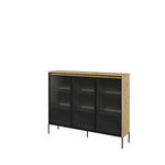 Artisan oak display cabinet with three tinted glass doors and metal legs