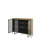 Artisan oak display cabinet with open hinged glass doors and interior shelves
