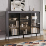 Grey display cabinet with double glass doors and interior shelves, standing on thin legs