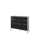 Grey display cabinet with three tinted glass doors and slim metal legs