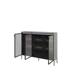 Grey display cabinet with hinged glass doors open to reveal interior shelving