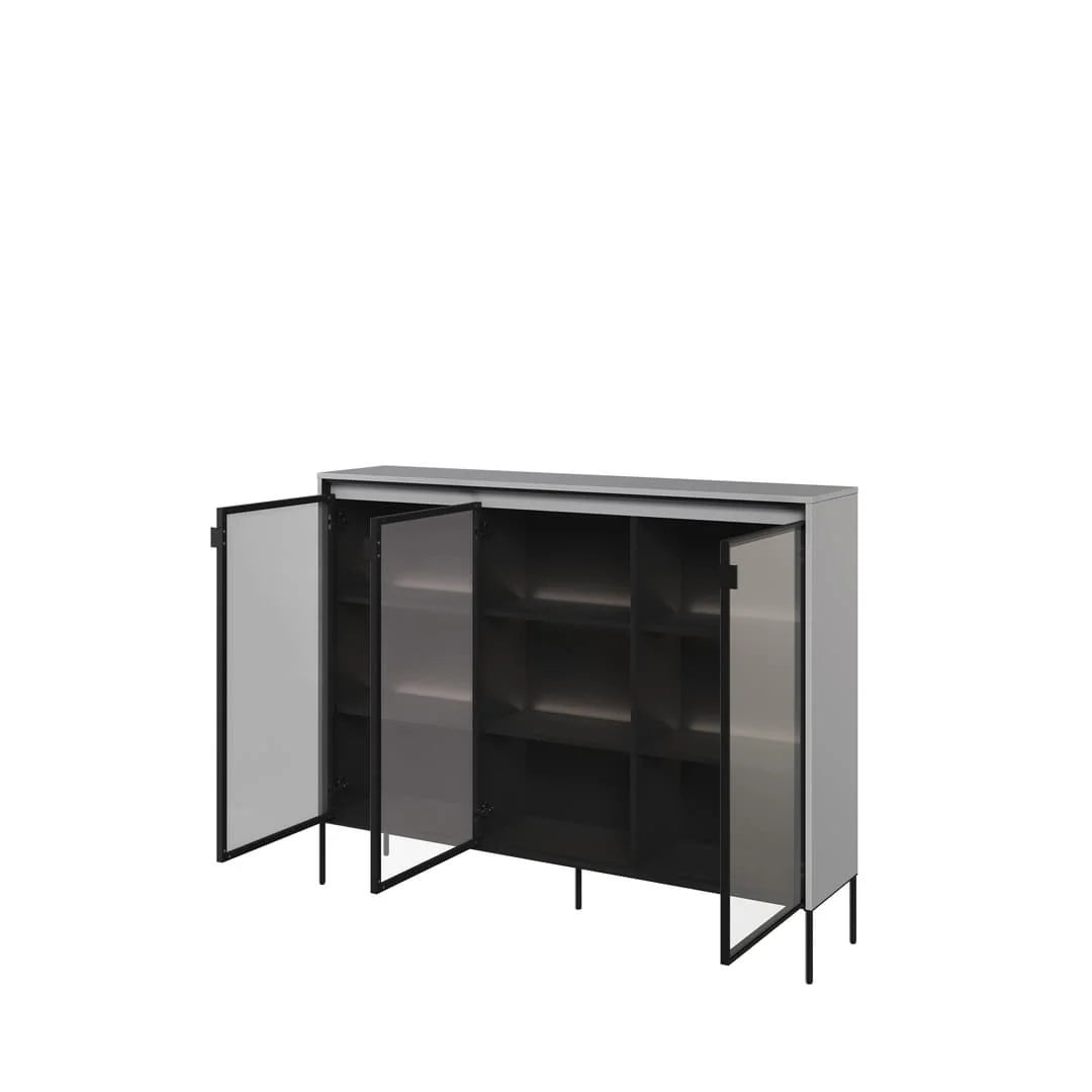 Grey display cabinet with hinged glass doors open to reveal interior shelving