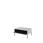 White matt coffee table with open storage compartment and slim metal legs.
