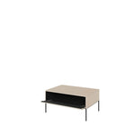 Beige coffee table with open storage compartment and slim black metal legs.