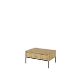 Artisan oak coffee table with open storage compartment and slim black metal legs.