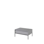 Grey coffee table with ribbed front panel, top surface, and slim metal legs.