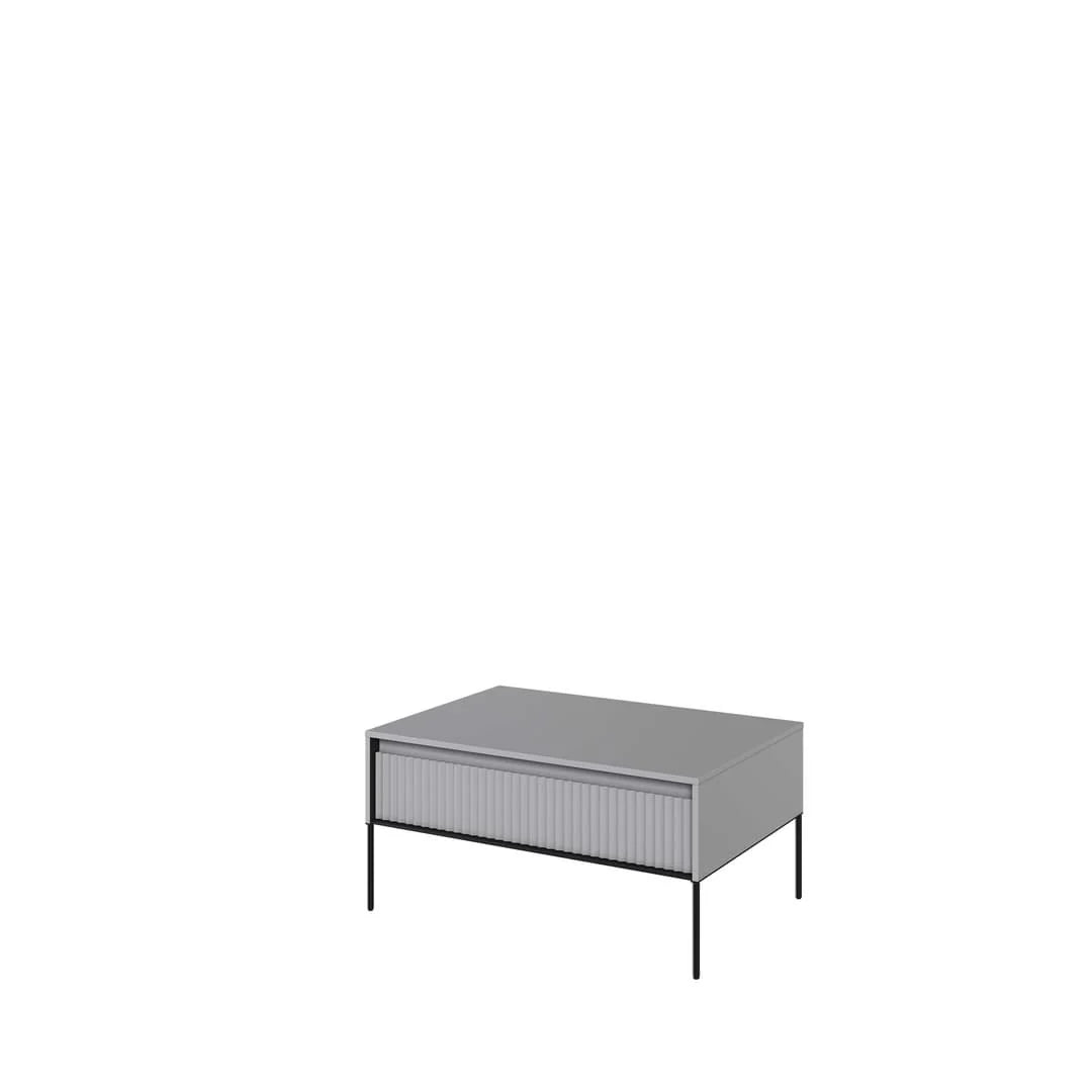 Grey coffee table with ribbed front panel, top surface, and slim metal legs.