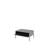Grey coffee table with open storage compartment and slim metal legs.