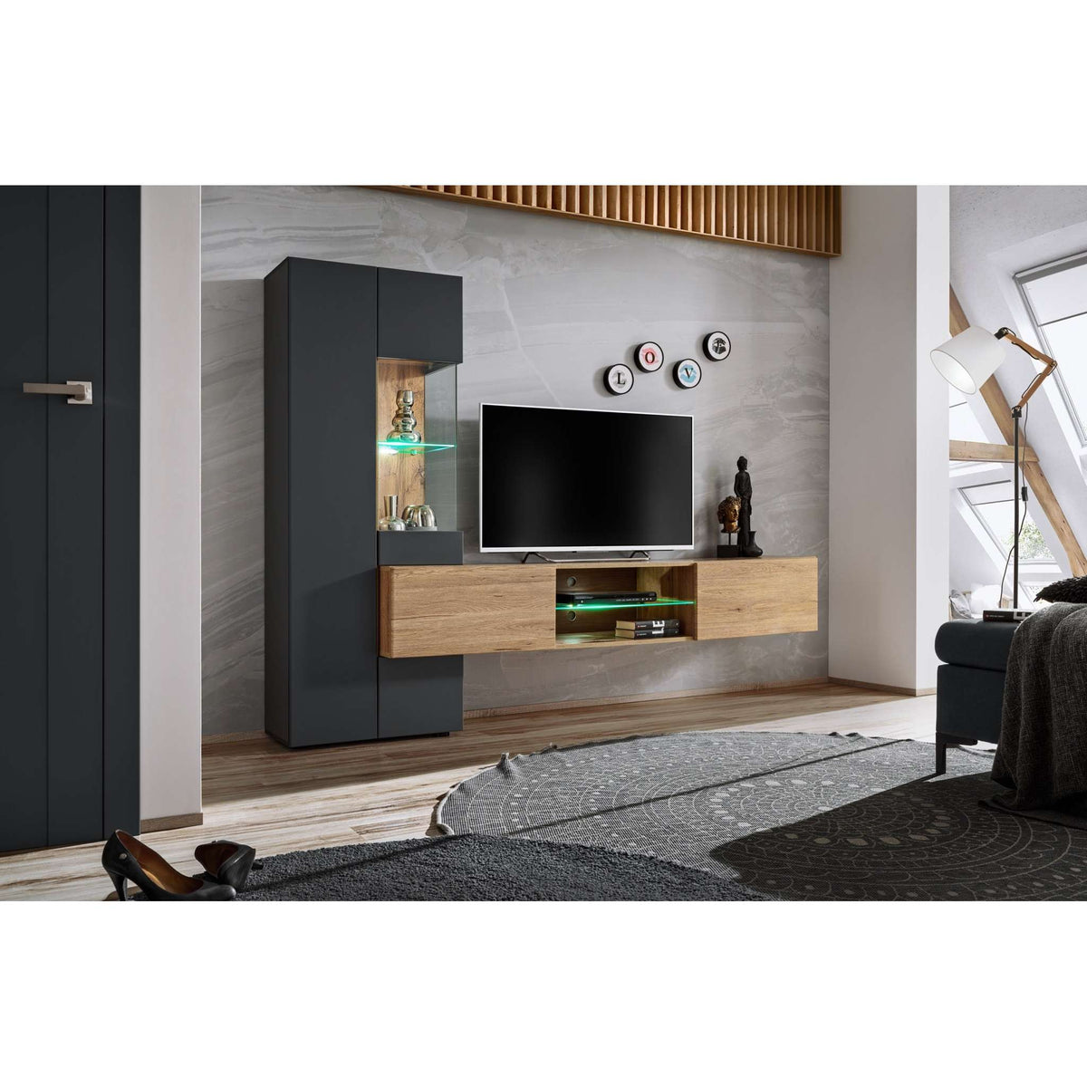 Media wall unit with LED-lit glass shelf, TV console and tall cabinet in dark grey and oak