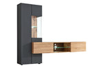 Media wall unit with tall dark-grey cabinet and oak TV console with LED glass detail