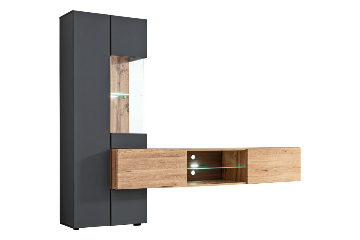 Media wall unit with tall dark-grey cabinet and oak TV console with LED glass detail
