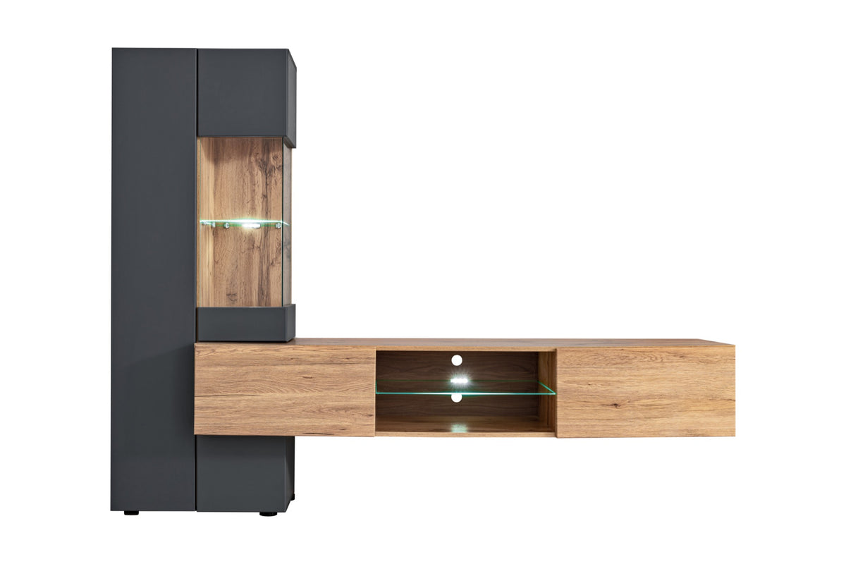 Media wall unit showing LED-lit shelves and oak TV console with dark-grey side cabinet