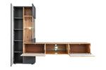 Media wall unit with doors open, LED-lit display and oak TV console with tall storage cabinet